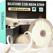 GZBtech AC 230 V COB LED juosta 5 m, silikoninė neutrali balta 4000 K vandeniui atspari 286 šviesos diodų/M Dimmable lauko neoninė šviesos juosta LED juosta miegamajam, sienai, virtuvei, gyvenamajam kambariui, CE sertifikuota