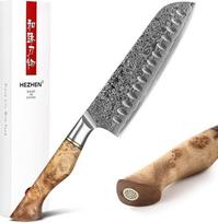 HEZHEN "Damask Santoku" peilis, Azijos virtuvės peilis, japoniško stiliaus, Figaro platano medžio rankena
