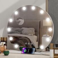 Holivudo makiažo veidrodis su LED apšvietimu, apvalus, 50 cm, veidrodis su apšvietimu, 12 reguliuojamų lempų, 3 šviesos spalvos, jutiklinis jungiklis, USB lizdai, makiažo veidrodis su apšvietimu, baltas