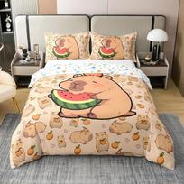 Homewish Vaikų animacinių filmų Capybara medvilninės patalynės Capybara dekoro antklodžių rinkinys 135 x 200 cm vaikams paaugliams mielas graužikas lovos komplektas namų dekoro arbūzas oranžinė rožinė meilė širdis patalynės komplektas