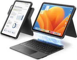 HOU 360° kampu besisukantis nuimamas dėklas su klaviatūra "iPad Pro" 11 colių M5/M4 (2025) su 155° reguliuojamu stovu, jutikliniu manipuliatoriumi, 7 spalvų apšvietimu, dėklu pieštukui, QWERTZ - juodas