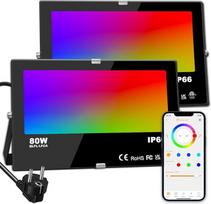 iLC RGB LED prožektorius 80 W, RGBW spalvų keitimo prožektorius, lygiavertis 800 W, 16 milijonų spalvų grupavimo laikmatis, 2700 K šiltos baltos spalvos, apsaugos nuo vandens klasė IP66, skirtas naudoti lauke ir patalpose (2 vnt.)