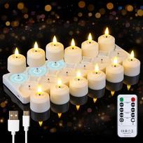 Įkraunamas 12 LED žvakių rinkinys su nuotolinio valdymo pulteliu ir įkrovimo stotele, dramblio kaulo laikmačio funkcija, nedegios, mirgančios plastikinės, 4 cm x 5,5 cm dydžio arbatos žvakės (2,5 val. įkrovimo laikas, 100 val. veikimo laikas)