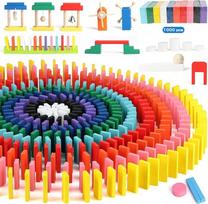 Jacootoys 1000 dalių domino rinkinys vaikams, spalvotos medinės kaladėlės, masiniai lenktynių plytelių žaidimai, mokomieji domino ralio rinkiniai su laikymo krepšeliu ir dėžute