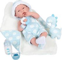 JC Toys La Newborn 38 cm minkšta vinilinė lėlė su drabužėliais, pliušiniu žaislu ir 4 priedais, vaikiška, mėlyna, sukurta Ispanijoje, Berenguer, 2 metai