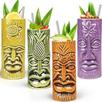 Keraminių Tiki taurių rinkinys, 4 egzotiškų kokteilių taurių su šiaudeliais, Havajų vakarėlio geriamosios taurės May Tai ir Pina Colada, profesionalūs baro reikmenys
