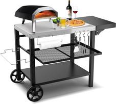 Kilnojamas lauko grilio stalas su trimis lentynomis, skirtas Ninja Wood Fire, Ooni Pizza Oven, Blackstone grilio plokštė, maisto ruošimo darbo stalas, darbo stalas su stalčiumi ir