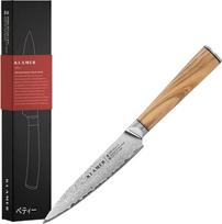 KLAMER Damask Utility Knife 5" - aštrus virtuvinis peilis, pagamintas iš 67 sluoksnių japoniško damasko plieno (61HRC), 13 laipsnių pjovimo kampas, ergonomiška alyvuogių medžio rankena, profesionalus virėjo peilis