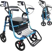 KMINA Rollator Wheelchair 2 in 1 lygių grindų, sulankstoma vaikštynė su sėdyne ir krepšeliu, senjorų rollator su vežimėlio funkcija, lengvas aliuminis, mėlyna