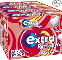 Kramtomoji guma "Extra Refreshers" be cukraus, braškių ir citrinų kramtomoji guma, 12 x 8 dražė, didmeninė kramtomoji guma, ksilitolio kramtomoji guma be cukraus (96 dražės)