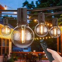 Lauko pasakų žibintai su laikmačiu, 15 m LED pasakų žibintai su 25 + 2 G40 lemputėmis, 4 režimai ir reguliuojamas apšvietimas IP45 lemputėmis, šilta balta spalva, skirti sodui, balkonui, kiemui, vakarėliui, vestuvėms