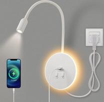 LED "Gooseneck" skaitymo lempa Sieninis USB įkrovimo šviestuvas su jungikliu Reguliuojamas prožektoriaus sieninis šviestuvas Lovos šviestuvas Vidinė skaitymo šviesa Miegamasis (3 W 3000 K + 8 W 6000 K) su kištuku ir kabeliu, baltas