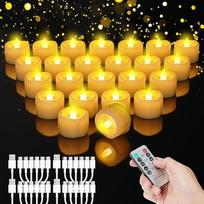 LED arbatos žvakės su laikmačio funkcija, apšviečiamos žvakės su 6-in-1 USB-C įkrovimo kabeliu ir nuotolinio valdymo pulteliu, elektrinės įkraunamos žvakės Helovynui, Kalėdoms (šiltai balta žvakė, 24 vnt.)