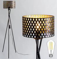 LED grindų lempa su šviesos diodų apšvietimu ir retro dekoratyviniu gaubtu, juoda/auksinė, reguliuojamas aukštis, trikojo dizainas, derliaus grindų lempa su E27 lizdu
