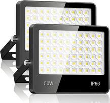 LED lauko prožektorius, 50 W, 2 vnt., 5000 lm, 6500 K, šaltai balta, itin ryškus LED prožektorius, atsparus vandeniui, IP66, skirtas stadionui, kiemui, gatvei, garažui