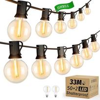 LED pasakų žibintai lauke 33 m / 110 pėdų Pasakų žibintai su kištuku Lauko pasakų žibintai - 52 G40 lemputės (2 pakaitinės lemputės), 2200 K šiltos baltos spalvos, IP65 atsparūs vandeniui ir išplečiami terasai, sodui ir vakarėliams