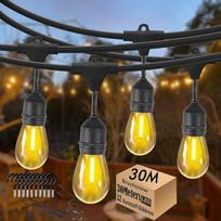 LED pasakų žibintai lauko 30 m, S14 E27 pasakų žibintai, atsparūs vandeniui IP65 su 30 + 2 LED lemputėmis 2700 K šiltai balta sodo terasos vestuvėms [G energijos klasė]