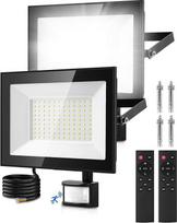 LED prožektorius su judesio jutikliu lauke, 100 W, 10000 LM prožektorius su nuotolinio valdymo pulteliu, IP66 vandeniui atsparus LED prožektorius, 6500 K Cool White, itin ryškus LED lauko prožektorius sodui, kiemams, garažui