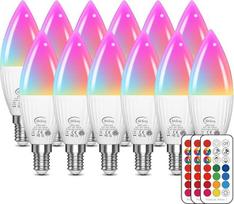LED žvakių lemputė E14 RGBW LED lemputė, keičianti spalvas, 5 W (pakeičia 40 W), RGB ir šiltos baltos spalvos 2700 K LED lemputė su nuotolinio valdymo pulteliu, 560 LM spalvą keičianti lemputė, skirta svetainės atmosferos apšvietimui, 12 vnt.