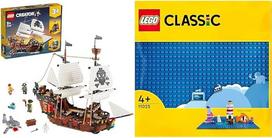 LEGO 31109 Creator "3-in-1" piratų laivo rinkinys ir 11025 klasikinė mėlyna konstravimo plokštelė, kvadratinė pagrindo plokštelė su 32 x 32 įdubimais kaip pagrindo rinkiniai, konstravimo žaislas vaikams