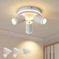 Lubų šviestuvas su 3 lemputėmis LED, pasukamas 350° kampu apvalus lubų prožektorius, lubų šviestuvas su mažesniu švytėjimu, 15 W + 3 x 5 W GU10 prožektoriai, modernus lubų prožektorius 3000 K šiltos baltos spalvos, prožektorius svetainei, virtuvei, baltas