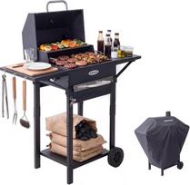 Medžio anglių kepsninė su dangčiu, BBQ rūkykla, kepsninės paviršius: 45 x 32 cm, šoninis staliukas, temperatūros rodmuo, su grilio dangčiais, atsparus vandeniui