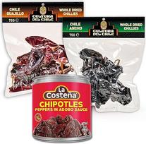 Meksikietiškų aitriųjų paprikų pakuotė - 3 pakuotės 75 g džiovintų Cultura Del Chile aitriųjų paprikų: Ancho, Guajillo ir La Costena Chipotle in Adobo 199g - autentiški meksikietiški skoniai.