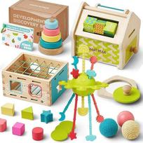 Milžiniška pupelė Montessori žaislas nuo 6 iki 12 mėnesių, "5-in-1" Montessori žaislas, krovimo bokštas, sensorinis kramtymo žaislas, veidrodinė dėlionė, objektų nuolatinė dėžutė, dovana kūdikiui nuo 6 9 12 mėnesių 1 2 3 metų