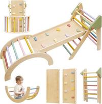Montessori Klettergerüst Indoor Set, 7-in-1 Holz Kletterspielzeug, Faltbares Pikler-Dreieck-Set mit Rutsche, Leiter & Spielbogen, Indoor Spielgerät für Babys & Kinder 1-3 Jahre - Regenbogen