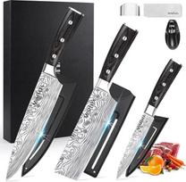 MOSFiATA peilių rinkinys 3 dalių virtuvinių peilių rinkinys, pagamintas iš aukštos kokybės nerūdijančio plieno, su 20 cm virėjo peiliu, 18 cm "Nakiri" peiliu, 13 cm virtuviniu peiliu ir peilių galąstuvu