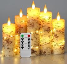Nedegios LED žvakės Beržo žievė su įterptais pasakų žibintais Žvakių rinkinys 5 dalių Aukštis: 10,2 cm, 12,7 15,2 17,8 20,3 Dramblio kaulo tikro vaško stulpelis Šokanti liepsna 10 raktų nuotolinio valdymo pultas (be baterijos)
