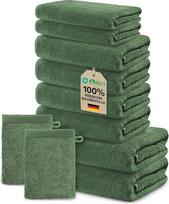 Ôhm 10 dalių rankšluosčių rinkinys, 100 % medvilnė, 500 g/m², eglės žalia, 2 vonios rankšluosčiai 70 x 140 cm, 4 rankšluosčiai rankoms 50 x 100 cm, 2 rankšluosčiai svečiams 30 x 50 cm, 2 skalbimo rankšluosčiai 15 x 20 cm, minkšti ir sugeriantys, "Oeko-Tex