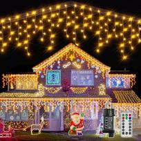Ollny Icicle Pasakų žibintai Lauko 15 m 600 LED Kalėdų apšvietimas lauke su kištuku Nuotolinio valdymo pultas Vandeniui atsparus 8 šviesos režimai Pasakų žibintai Lauko Šilta balta Balkono latakas Langas Namas Turėklai
