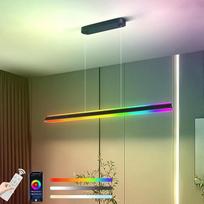Pakabinama šviesa Valgomasis stalas RGB Dimmable 120 cm Juoda linijinė pakabinama lempa su nuotolinio valdymo pulteliu ir programėlės valdymu Reguliuojamas aukštis Šiuolaikinio dizaino valgomojo stalo lempos, skirtos dideliam valgomajam Virtuvė Svetainė