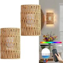 Pakuotė iš 2 sieninių šviestuvų vidaus RGB reguliuojamas sieninis šviestuvas su nuotolinio valdymo pulteliu Boho rotango naktinis šviestuvas derliaus bambuko žibinto lempa be maitinimo jungties gyvenamajame kambaryje miegamajame laiptų prieškambaryje
