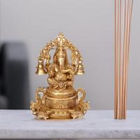 Purpledip Didingas žalvarinis stabas Siddhi Vinayak Ganesha su pelėmis ir kabančiais varpeliais, reta kolekcinė skulptūrėlė su įmantriais raižiniais (12277)