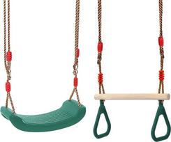 REDCAMP sūpynių rinkinys, vaikiškos lauko sūpynės, vidaus ir trapecijos sūpynės su gimnastikos žiedais, oro sąlygoms atspari sodo sūpynių sėdynė su reguliuojamo aukščio sūpynių virve, žalia