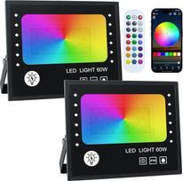 RGB LED prožektorius 60 W, 2 lauko prožektorių rinkinys su 2.4G nuotolinio valdymo pultu ir "Bluetooth" programėle, 16 milijonų spalvų, 20 režimų, IP66 vandeniui atsparus lauko prožektorius sodui ir kiemui