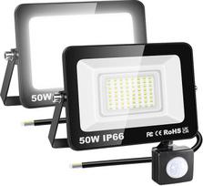 RIGIDON 2 x 50 W 5000 LM lauko judesio jutiklio LED prožektorius, lauko LED lempa, 6000 K šaltai baltos spalvos LED prožektorius, lauko šviesa, vandeniui atsparus lauko prožektorius sodui, garažui, stoginei, namui