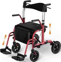 Ritinukas su sėdyne, "2-in-1", 4 ratų roleris ir transportavimo kėdutė, 136 kg keliamoji galia, 8" priekiniai ir 10" galiniai TPU ratai, dviguba stabdžių sistema, sulankstoma konstrukcija, reguliuojamas aukštis, su pirkinių krepšiu - raudona