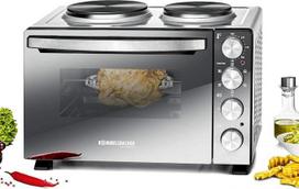 ROMMELSBACHER KLEINKÜCHE KM 3300-2 Ketaus kaitinimo plokštė, 30 litrų kepimo kamera, viršutinis kaitinimas, apatinis kaitinimas, konvekcinis kaitinimas, rotacinis žarsteklis, 3 įdėjimo lygiai, dvigubas įstiklinimas, veidrodinio stiklo priekis, 3250 W, sid