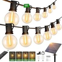 Saulės pasakų žibintai lauke, 35 pėdų/10,6 m G40 sodo pasakų žibintai su 15 + 2 LED plastikinėmis lemputėmis, saulės įkrovimas, 4 režimai, atsparūs vandeniui, skirti sodui, kiemui, vestuvių šaliai, 2200 K šilta balta spalva
