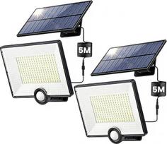 Saulės šviesos žibintai, 204 LED 3 Modi Solar Aussenleuchte mit 5m Kabel IP65 Wasserdicht,Solar Wandleuchte Aussen Lampe Outdoor Solarleuchte 270° Solarstrahler für Aussen-2 Stück