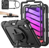 SEYMAC akcijinis dėklas "iPad mini 7" (A17 Pro) 2024/"Mini 6 2021" 8,3 colio, smūgiams atsparus dėklas su 360° kampu pasukamu stovu / rankos dirželiu, ekrano apsauga, rašiklio laikikliu ir dirželiu per petį "iPad mini 7/6", juodas