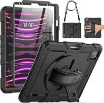 SEYMAC dėklas "iPad Pro" 12,9 colių 2022/2021/2020/2018 (6/5/4/4/3 kartos), smūgiams atsparus dėklas su 360° kampu besisukančiu riešo dirželiu / stovu / reguliuojama petnešėle / ekrano apsauga / rašiklio laikikliu, juodas