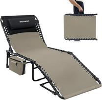 Šezlongas Camping Lounger Sulankstomas 5 lygių reguliuojamas atlošas Lauko sodo gultas Beach Lounger Camping Bed Sulankstomas gultas su nuimamu vėsiu maišeliu pagalvėlė 190 x 59 cm Khaki