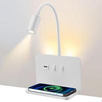 Sieninė skaitymo lempa su belaidžiu įkrovikliu, 9 W + 3 W skaitymo lempa prie lovos su jungikliu ir USB įkrovikliu, LED sieninė lempa prie lovos, 360° žąsies kaklo lempa su kištuku ir kabeliu miegamajam (02)