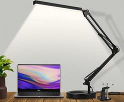 SKYLEO LED stalinis šviestuvas su spaustuku ir pagrindu Akių apsaugos staliniai šviestuvai namams, biurui, sukiojamai rankai, studijoms 3 šviesos režimai x 10 ryškumo lygių USB prievadas, 5V/2A adapteris, juodas