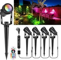 Sodo apšvietimas LED 15 m 4 RGB sodo prožektorius su maitinimo antžeminiu smaigaliu 12 V 3 W 1200 lm spalvota sodo šviesa IP65 vandeniui atsparus spalvotas sodo žibintas su nuotolinio valdymo laikmačiu, skirtas sodo vejos kiemo tvorai