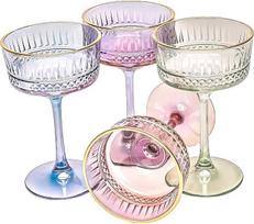 Spalvotos senovinės kupė taurės su auksiniu apvadu, 4 vnt., 260 ml/8,8 uncijos. Taurės raudonajam ir baltajam vynui, taurės šampanui, kokteiliams, martini, džino ir prosecco, taurės šampanui, taurės šampanui
